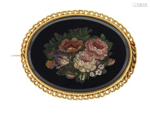 Victorian micro mosaic floral brooch with gold mount, impressed eagle head mark, 5cm wide,