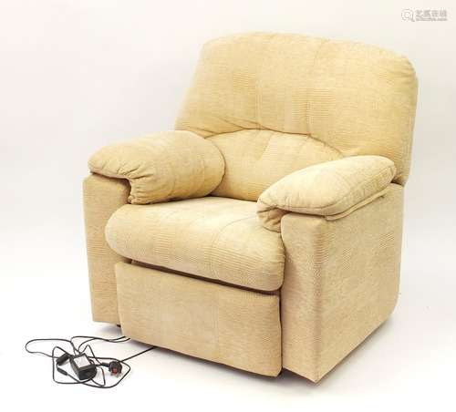 Beige upholstered electric reclining armchair, 105cm high : For Further Condition Reports and Live