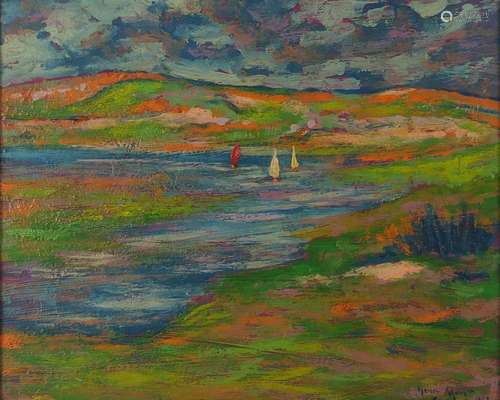 River landscape, post impressionist oil on wood panel, bearing a signature Henry Moret, framed, 38.