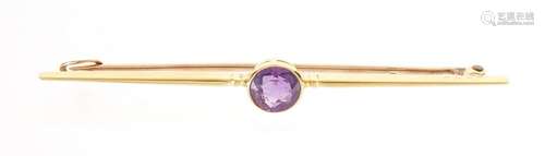 15ct gold amethyst bar brooch, 6cm in length, approximate weight 3.0g : For Further Condition