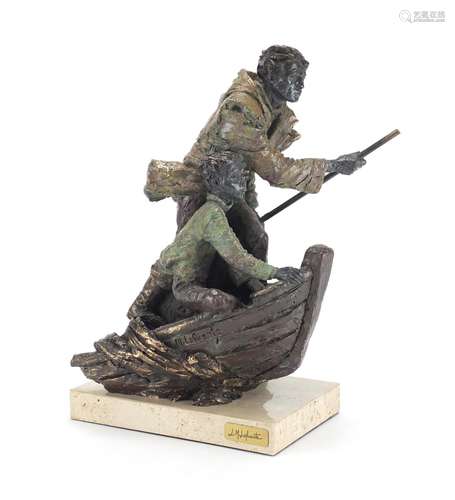 L M Lafuente, modern bronze sculpture of two figures in a boat titled 'Destino', limited edition