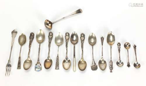 Georgian and later silver spoons including London souvenirs, various hallmarks, approximate weight