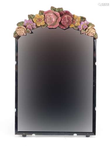 Barbola style easel mirror with bevelled glass, hand painted with flowers, 41cm x 25.5cm : For