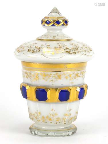 Antique Biedermeier white overlaid glass bomboniere and cover gilded with foliage, 19cm high : For