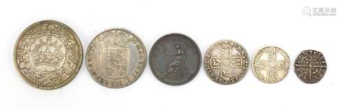 Antique and later mostly British coinage including George V 1928 wreath crown, Queen Anne 1711 six