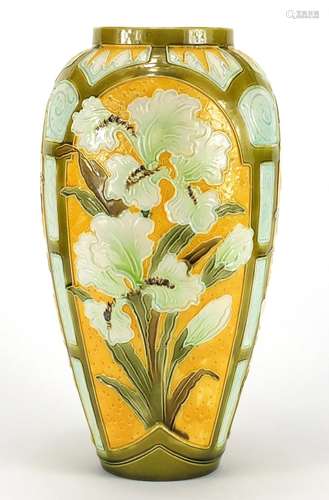 Burmantofts faience glazed vase, hand painted with panels of stylised flowers, impressed factory