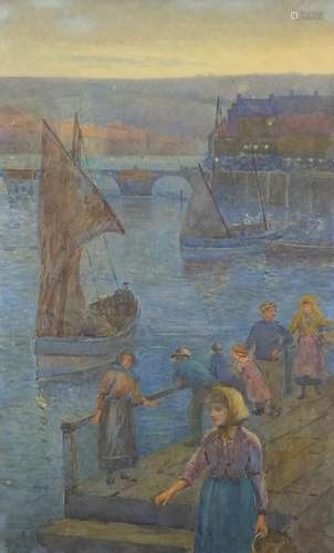 J E Drummond - Harbour scene with figures, late 19th century watercolour, framed, 63cm x 38cm :