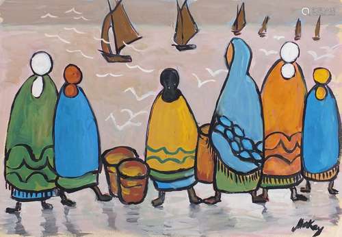 Figures before water, Irish school gouache on paper, bearing a signature Markey, mounted unframed