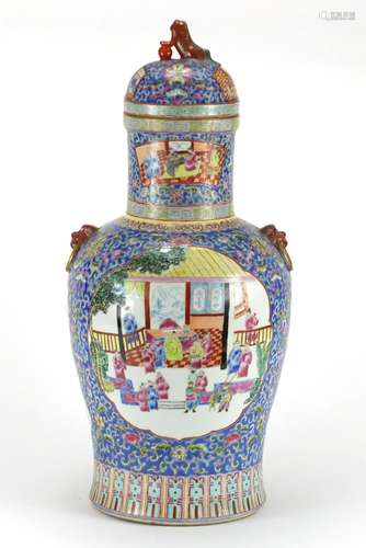 Large Chinese porcelain baluster vase and cover, with twin iron red animalia handles, hand painted