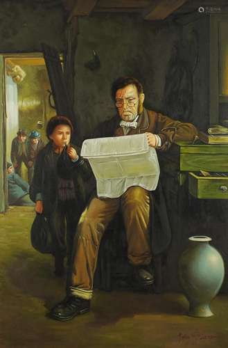 Gentleman reading in an interior, with a young boy, oil on canvas, bearing a signature John