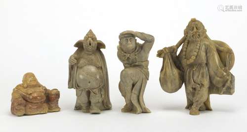 Four Chinese soapstone carvings including a monkey and Buddha, the largest 16cm high : For Further