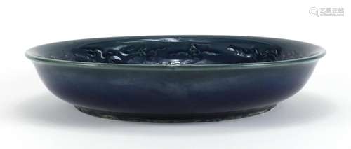 Chinese blue glazed porcelain shallow dragon dish, 33cm in diameter : For Further Condition