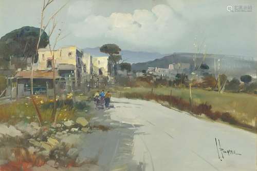 Barra - Figures before a town, continental school oil on canvas, details verso, mounted and