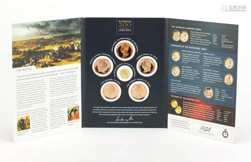 The Battle of Waterloo coin collection comprising six coins including a 14ct gold Duke of Wellington