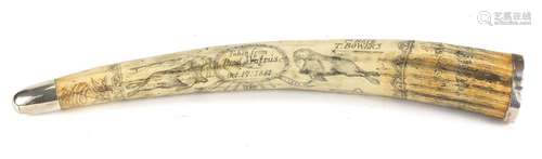 Antique Scrimshaw style tusk, with unmarked silver mounts decorated with maritime scenes, 54cm in