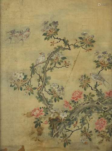 Chinese watercolour on silk, depicting birds of paradise amongst blossoming flowers, framed, 33cm