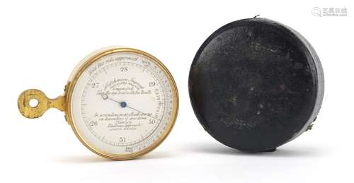 19th century gilt brass Hutchinson surveying aneroid pocket barometer, with fitted leather case, 5cm