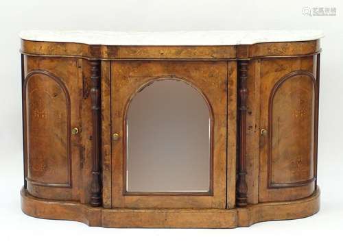 Victorian inlaid burr walnut Credenza with marble top above a pair of curved cupboard doors flanking