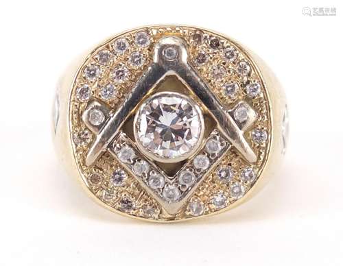 Heavy unmarked gold and diamond Masonic ring (tests as 14ct), size S, approximate weight 24.8g : For