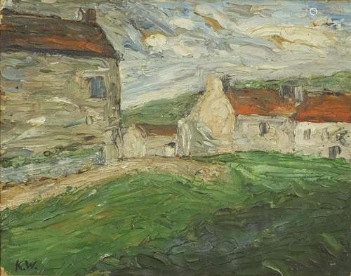 Farm buildings near Talsarn 1951, oil on board, bearing a monogram KW and inscription verso, mounted