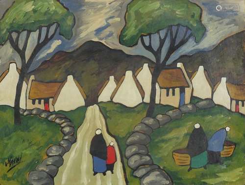 Figures and buildings before mountains, Irish school oil on card, bearing a signature Markey,