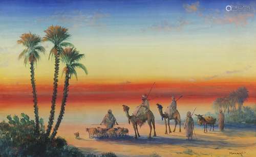 Vincent Manago - Arabs in a desert, watercolour, mounted and framed, 67cm x 41cm : For Further