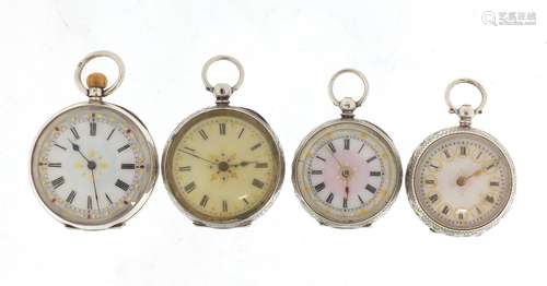 Four ladies silver pocket watches with ornate dials, the largest 4cm in diameter : For Further