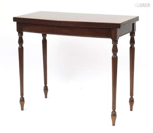 Inlaid mahogany folding card table with green insert, raised on fluted legs, 76cm H x 88cm W x