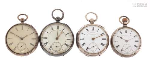 Four gentleman's silver open face pocket watches including The Express English Lever and Ashford &