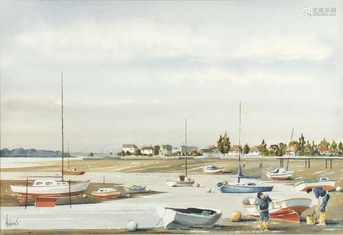 David Holmes - Emsworth with moored boats, watercolour, label verso, mounted and framed, 54.5cm x