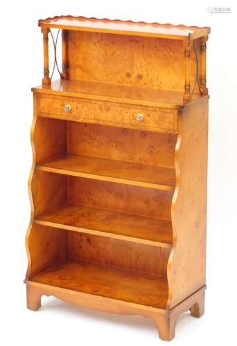 Inlaid yew waterfall bookcase with frieze drawer, 108cm H x 62cm W x 29cm D : For Further