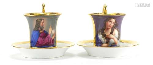 Good Pair of 19th century continental porcelain cabinet cups and saucers, hand painted with