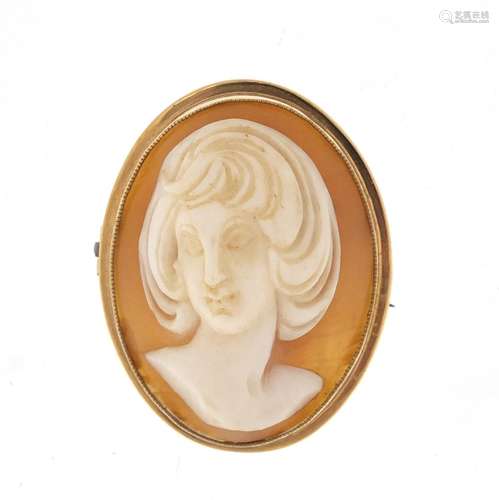 9ct gold cameo maiden head brooch, 3.5cm in length, approximate weight 7.2g : For Further