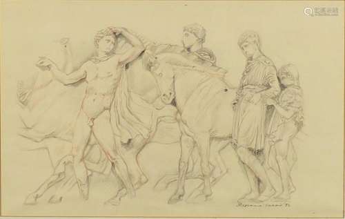 Stephnie Harris '84 - Figures with horses, pencil and sanguine chalk, mounted unframed, 46cm x