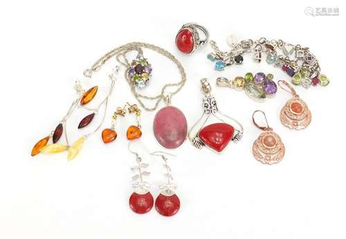 Silver semi precious stone jewellery comprising four pairs of earrings, four pendants, a bracelet