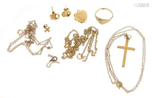 9ct gold jewellery including a pair of earrings, love heart ring, love heart pendant and