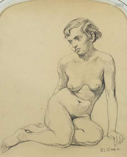 Seated nude young female, pencil and charcoal, bearing an indistinct signature R...st Ara?,