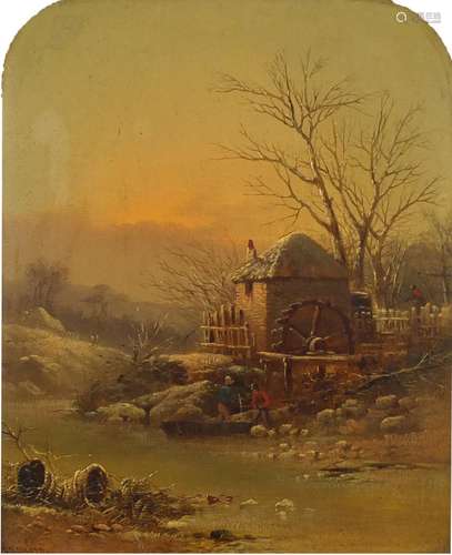 Figures before a watermill, continental school antique oil on oak panel, bearing a signature E