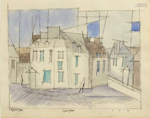 Abstract composition, figures in a street, German school ink and watercolour, bearing a signature