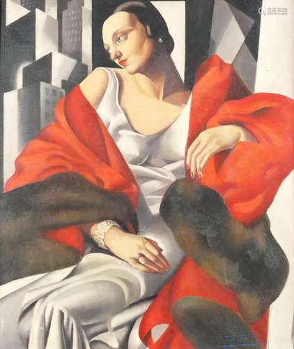 After Tamara de Lempicka - Portrait of an Art Deco female, oil on board, framed, 59cm x 49.5cm : For