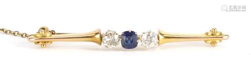 Unmarked gold diamond and sapphire bar brooch, 5.5cm in length, approximate weight 3.8g : For