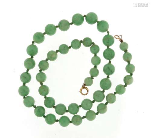 Chinese green jade bead necklace with 9ct gold clasp, 40cm in length : For Further Condition Reports