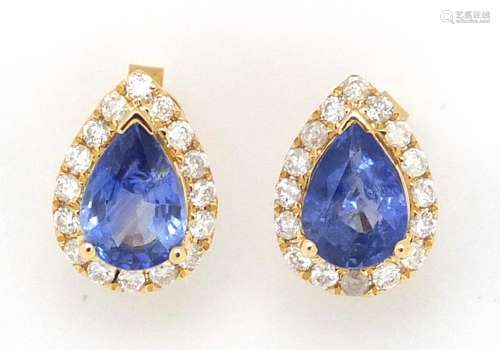 Pair of 14ct gold sapphire and diamond tear drop earrings, 1cm in length, approximate weight 1.