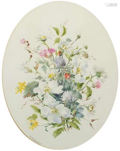 Dapne Gladstone - Early summer, oval watercolour, At The Mall Galleries inscribed label verso,