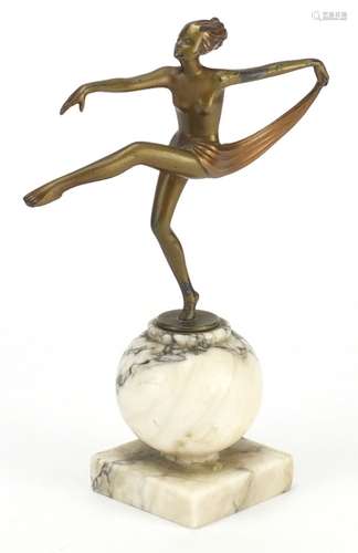 Art Deco bronzed figurine of a semi nude dancer raised on a marble base, 21cm high : For Further