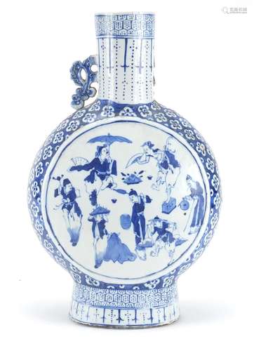 Large Chinese blue and white porcelain moon flask hand painted with figures and flowers, 37cm high :