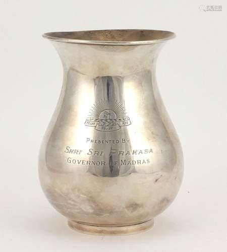 Indian silver vase, engraved Presented by Shri Sri Prakasa Governor on Madras, impressed marks to