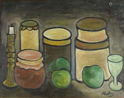 Still life vessels and fruit, Irish school oil on board, bearing a signature Markey, framed, 50cm