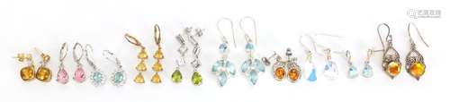 Ten pairs of silver semi precious stone earrings, approximate weight 36.0g : For Further Condition