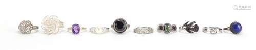 Ten silver semi precious stone rings, various sizes, approximate weight 36.0g : For Further